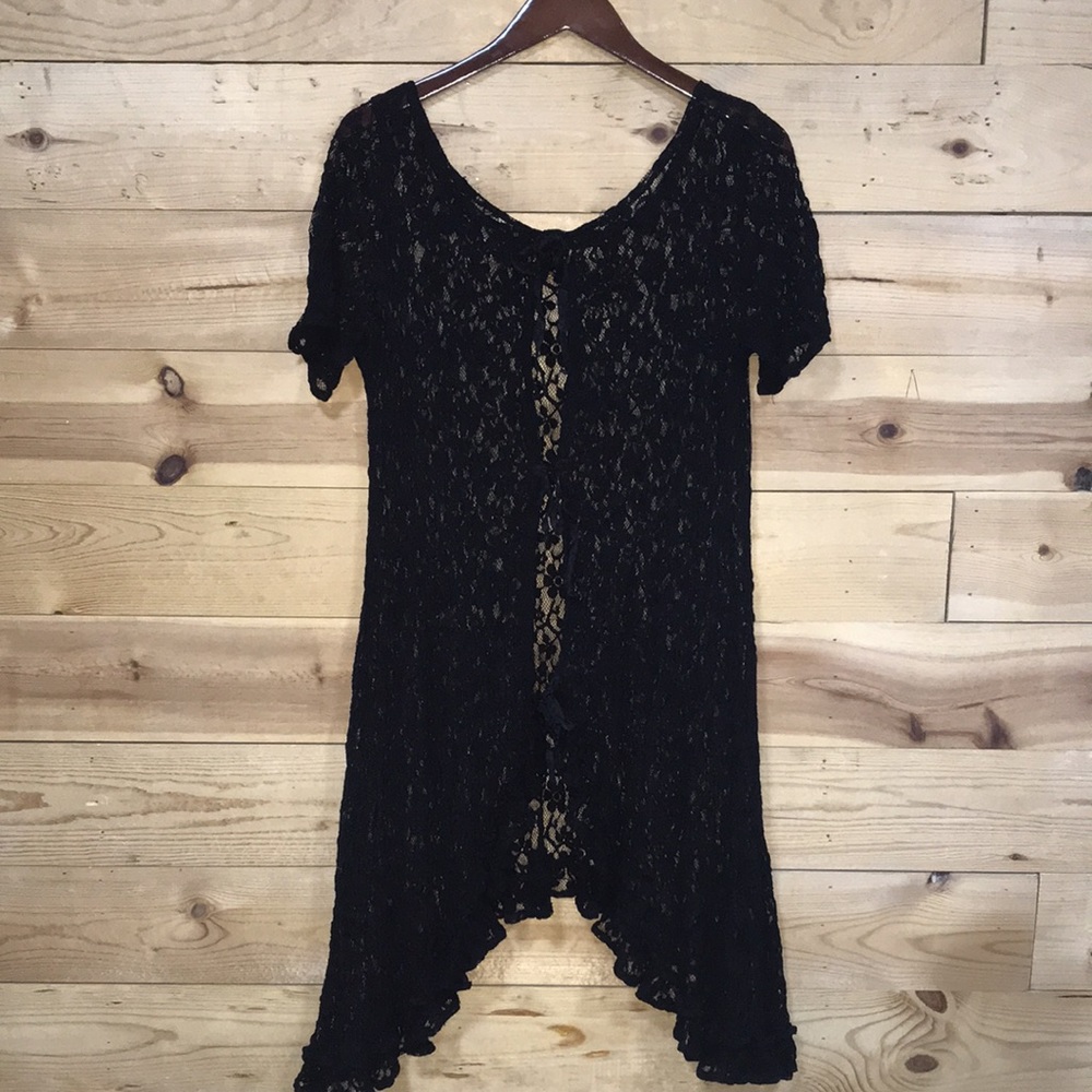 LAST CALL Black lace stretch high low ribbon tunic dress LG layering NFR boho - Picture 8 of 11